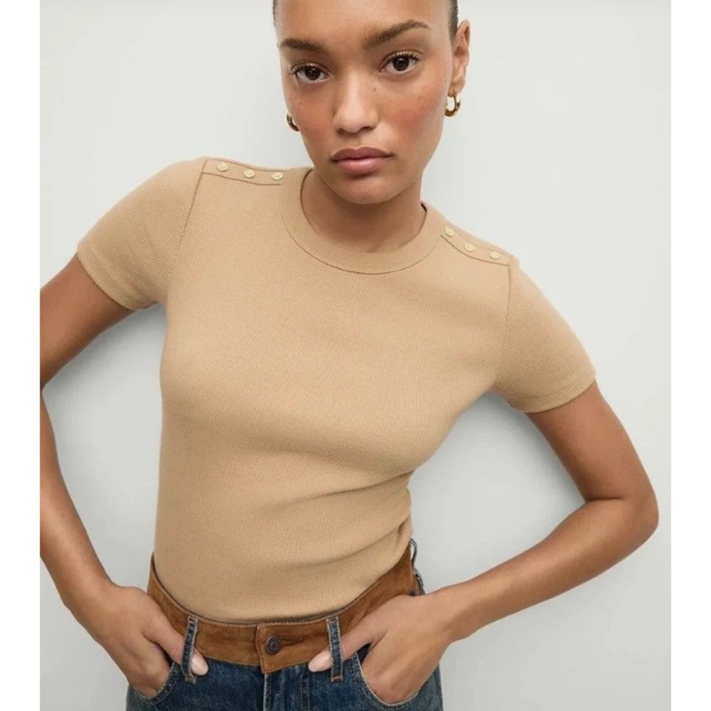 VERONICA BEARD Draya Ribbed Gold Button Shoulder Crewneck Tee Camel Sz S